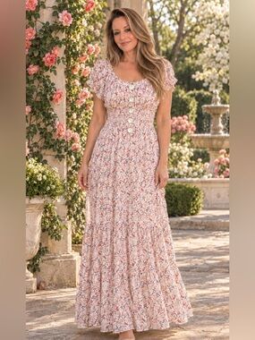 NWT Figueroa & Flower Floral & Berries Pink Red Teal Figure Flattering Dress L